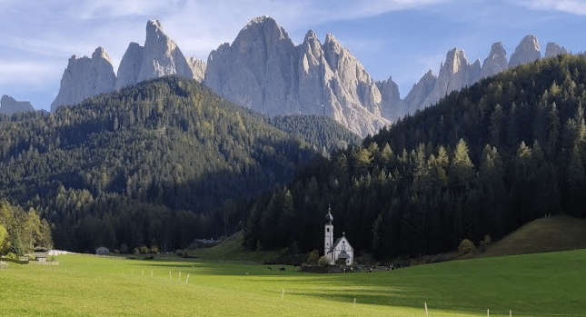 View of Church of St. Magdalena in The Dolomites
